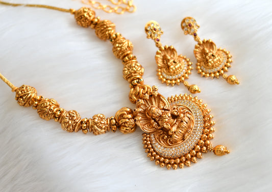 Matte finish beaded white stone Lakshmi necklace set dj-39496