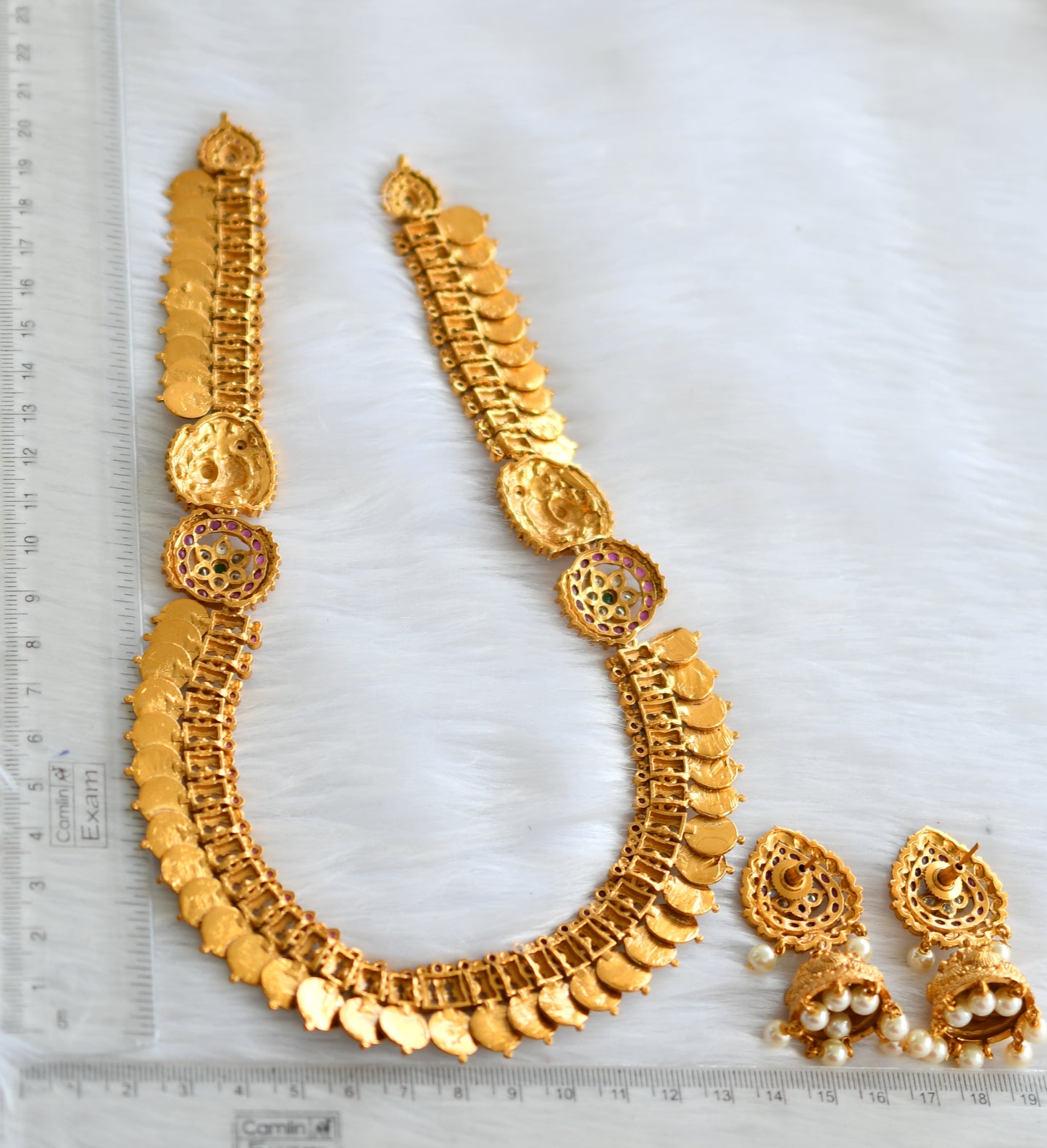 Matte finish cz ruby-emerald swam-Lakshmi coin short haar set dj-39498