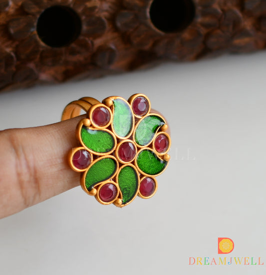 Matte finish ruby green mango kerala style adjustable enamel finger ring dj-37149