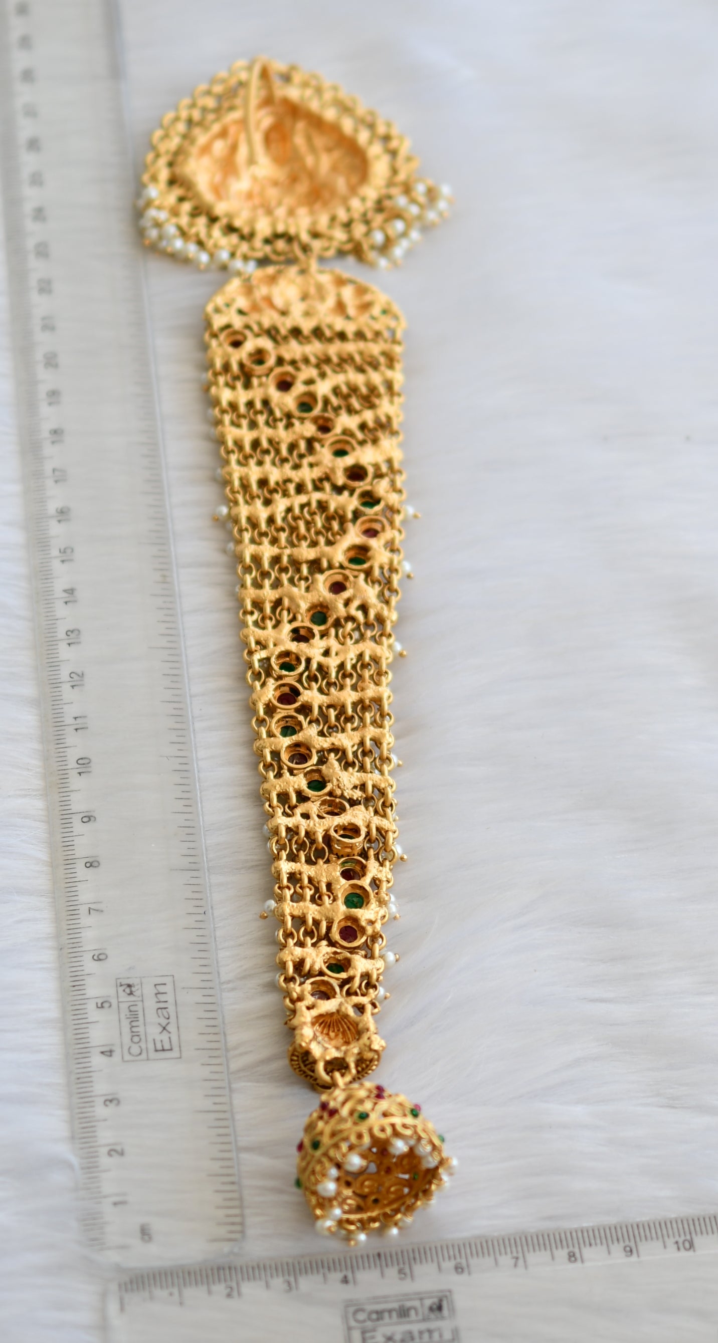 Matte finish kemp-green Lakshmi-Elephant Pearl cluster hair jewel dj-40117