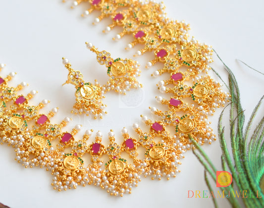 Gold tone ruby-emerald-white Lakshmi coin gutta pusalu haar set dj-36377