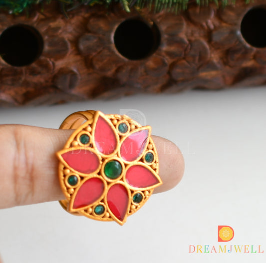 Matte finish emerald red kerala style adjustable enamel finger ring dj-37142
