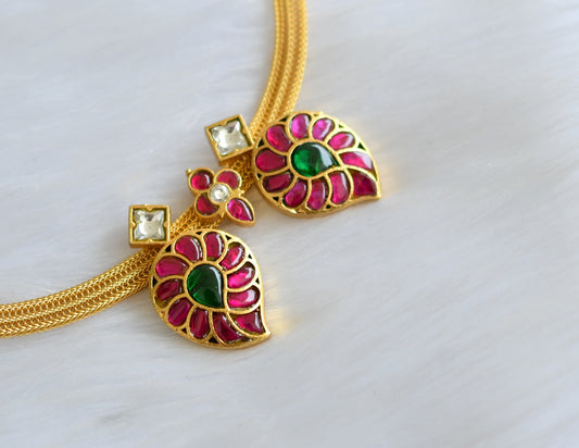 Gold tone pink-green-white mango kundan jadau necklace dj-39472