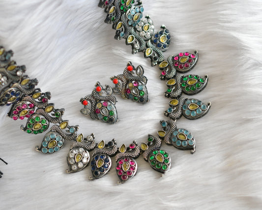 Silver tone Navarathna mango-peacock haar set dj-38749