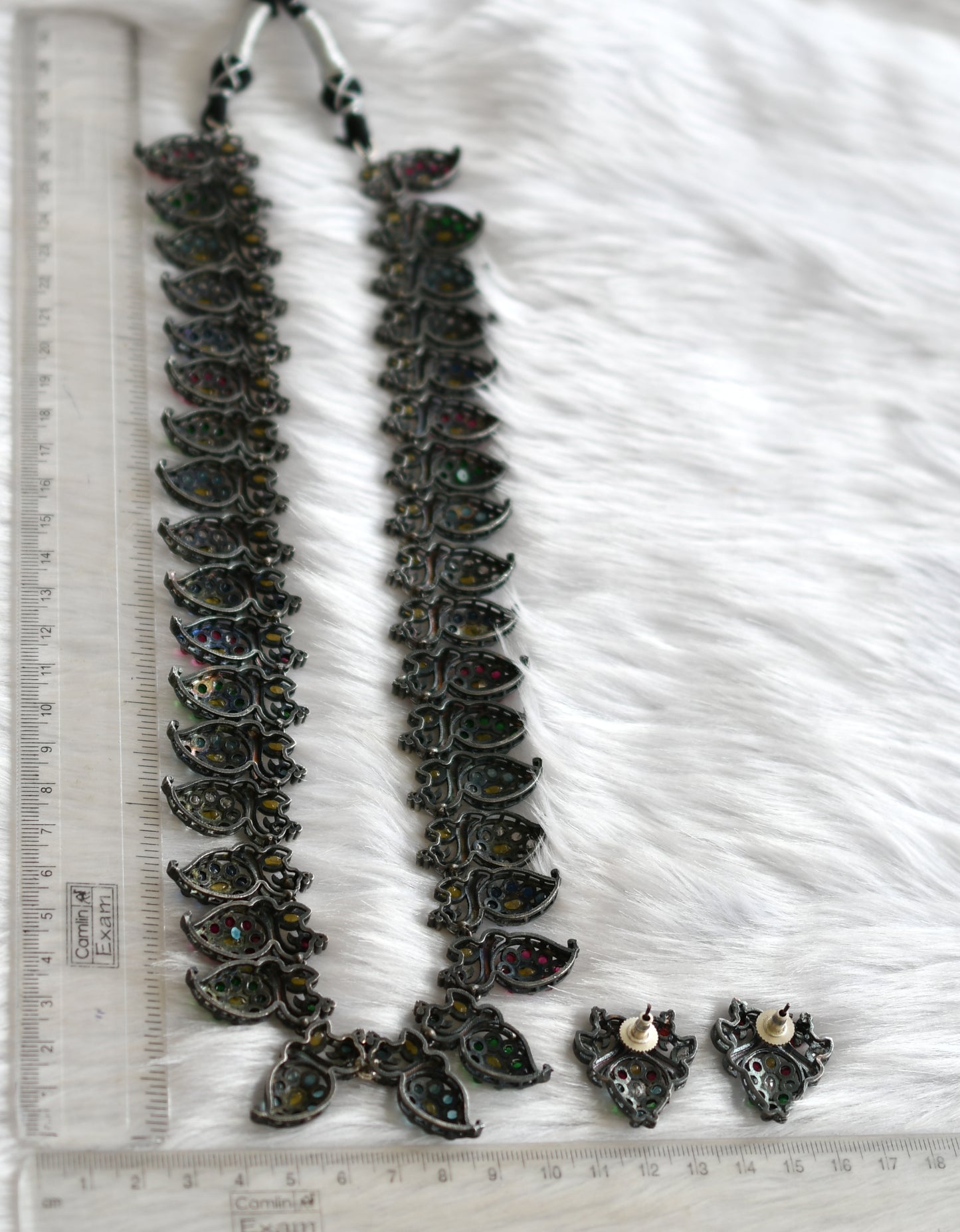 Silver tone Navarathna mango-peacock haar set dj-38749