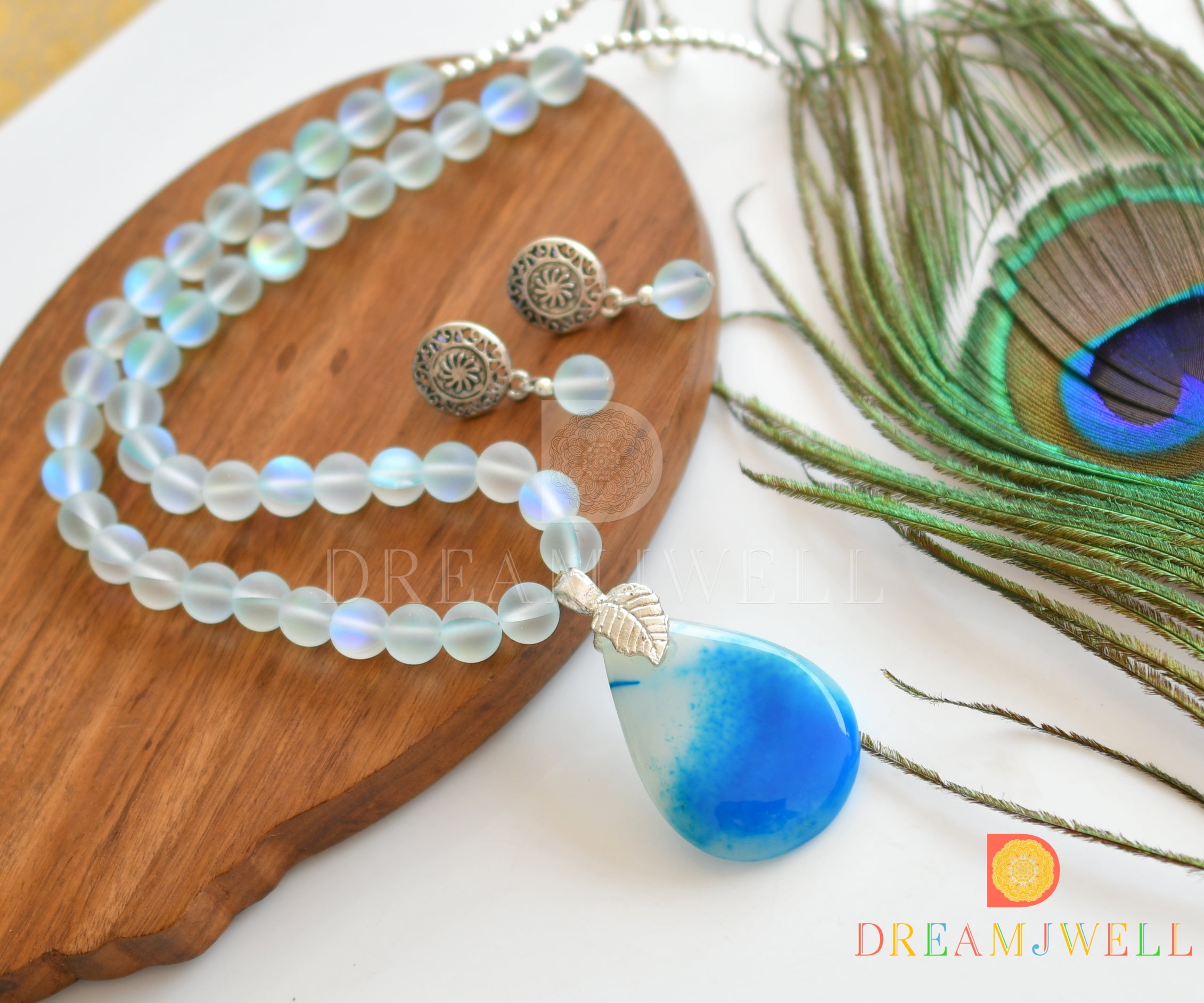 Silver tone sky blue mystic stone beads necklace set with sliced agate –  dreamjwell