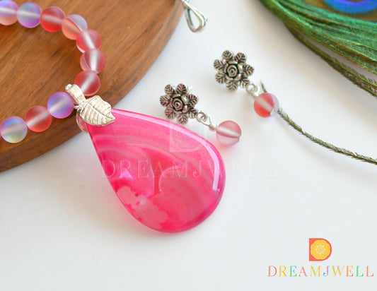 Silver tone pink mystic stone beads necklace set with sliced agate pendant dj-36368