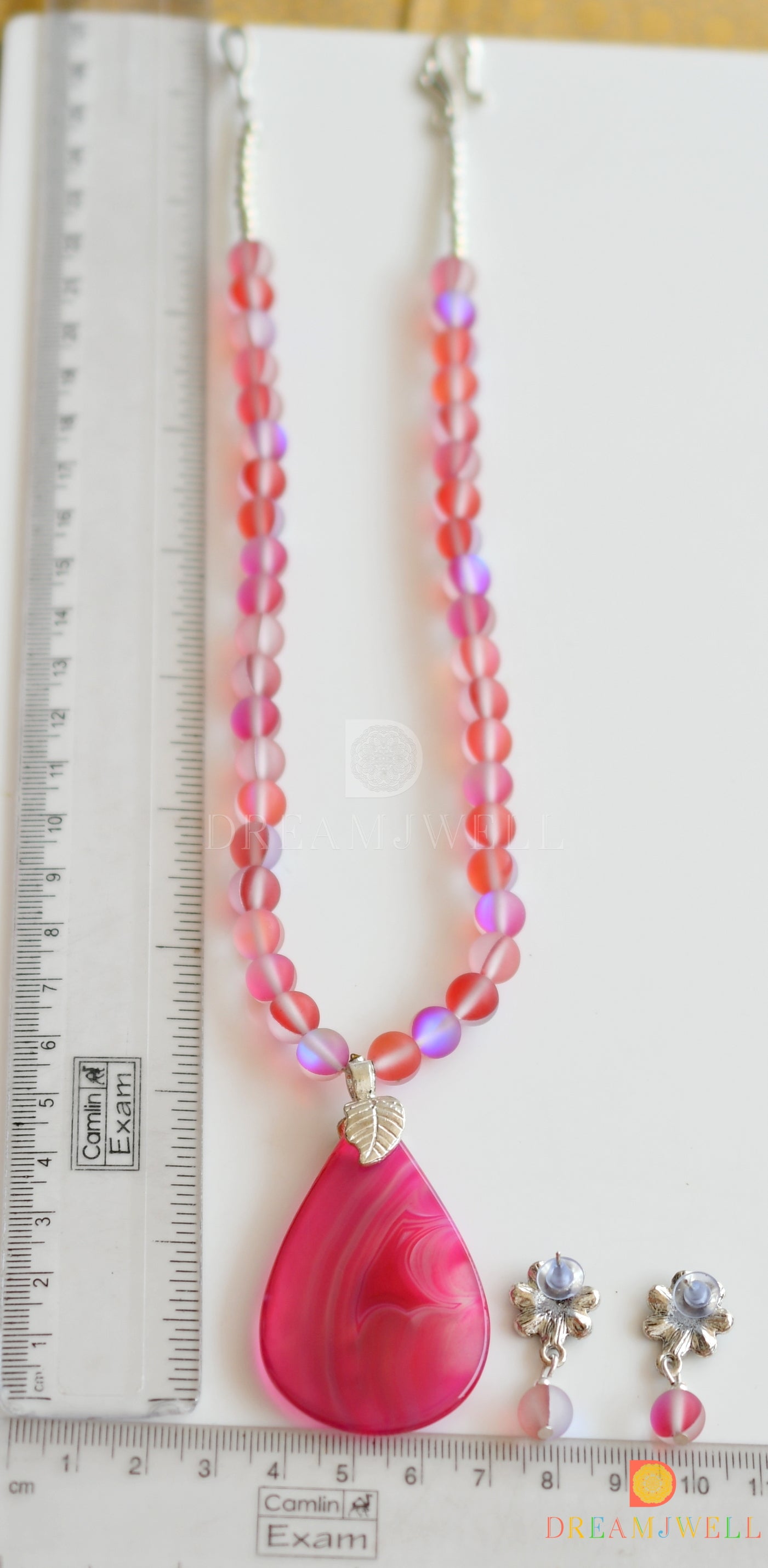 Silver tone pink mystic stone beads necklace set with sliced agate pendant dj-36368