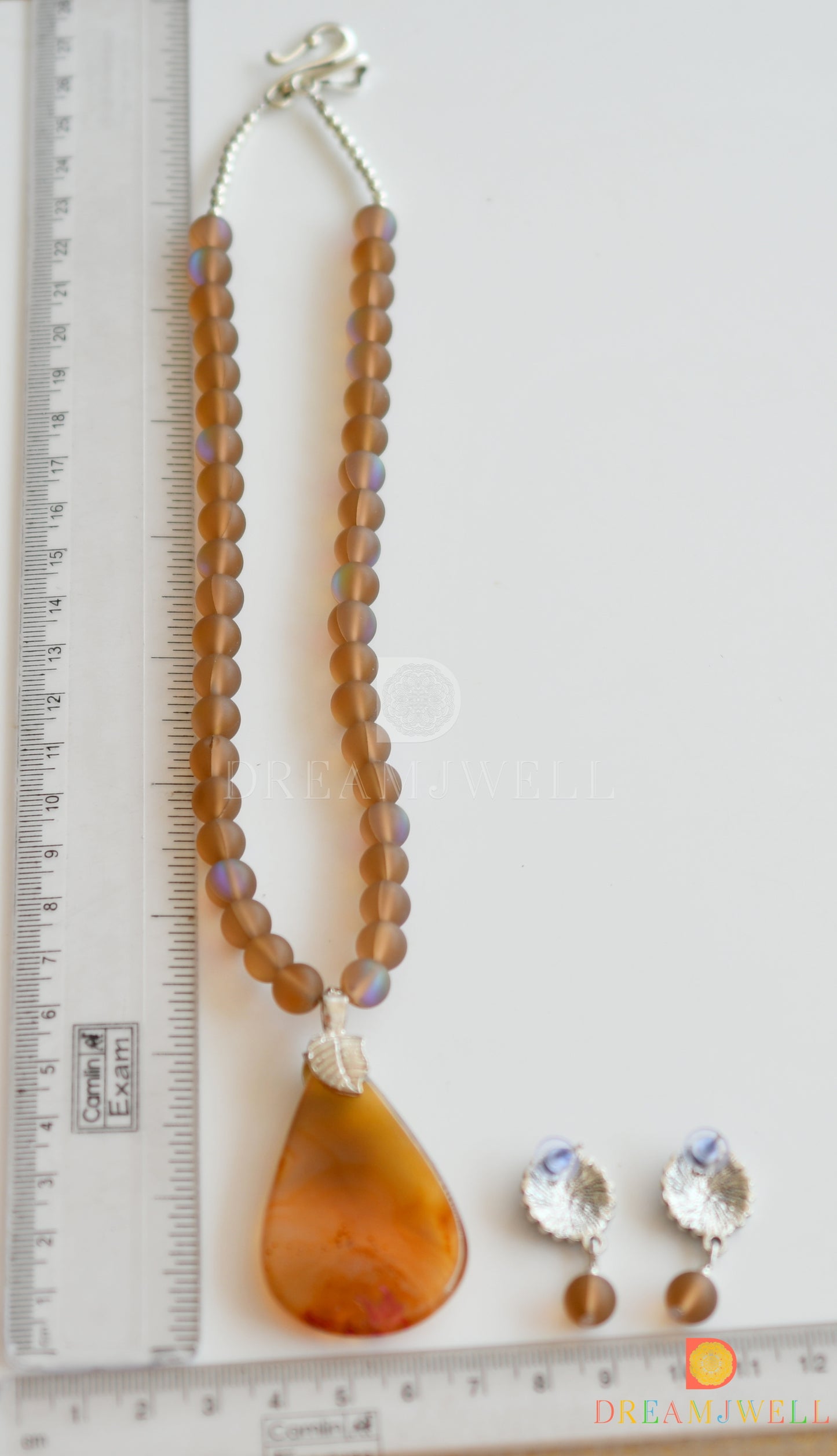 Silver tone brown mystic stone beads necklace set with sliced agate pendant dj-36369