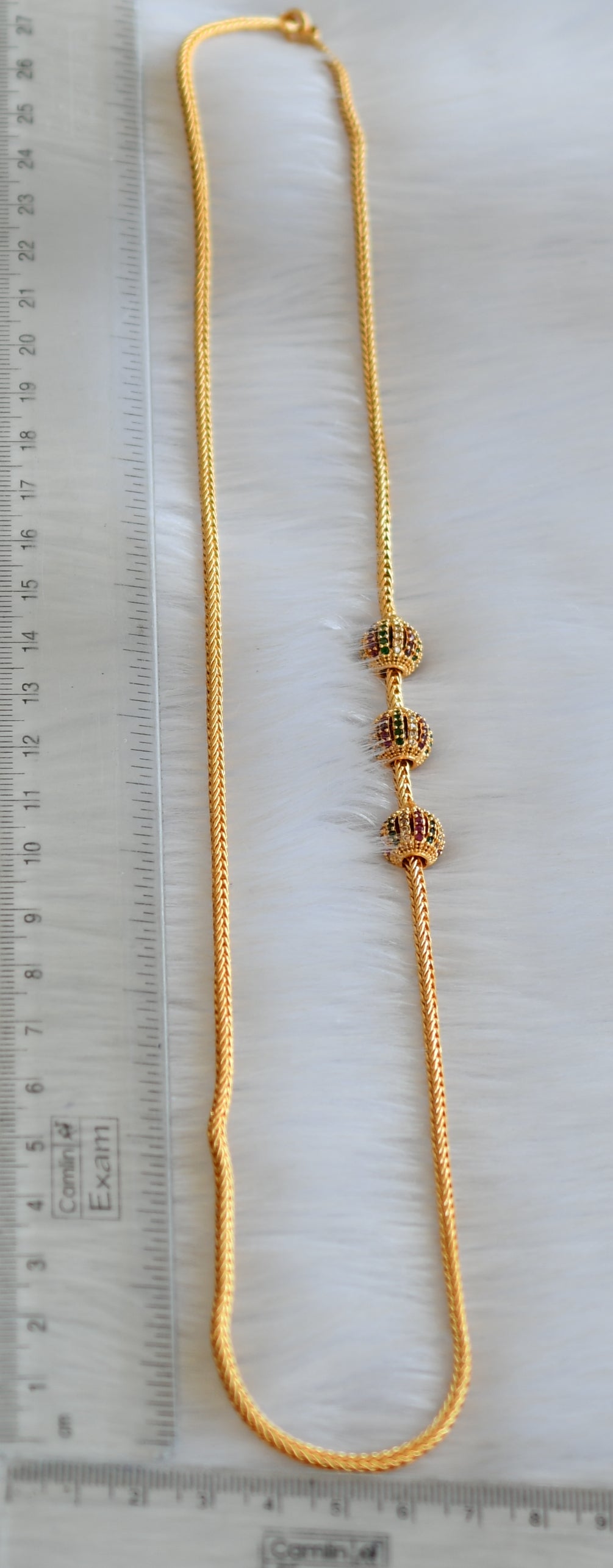 Gold tone ruby-white-green ball mugappu chain dj-40134