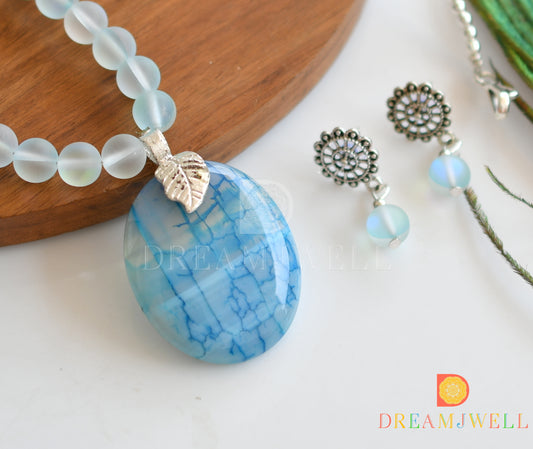 Silver tone sky blue mystic stone beads necklace set with sliced agate pendant dj-36373