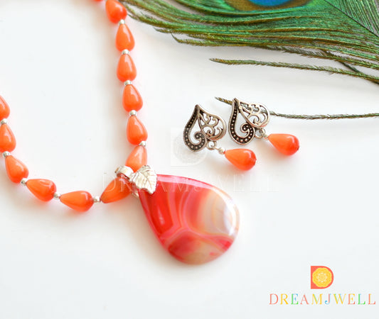 Silver tone orange Moonlight beads necklace set dj-36364