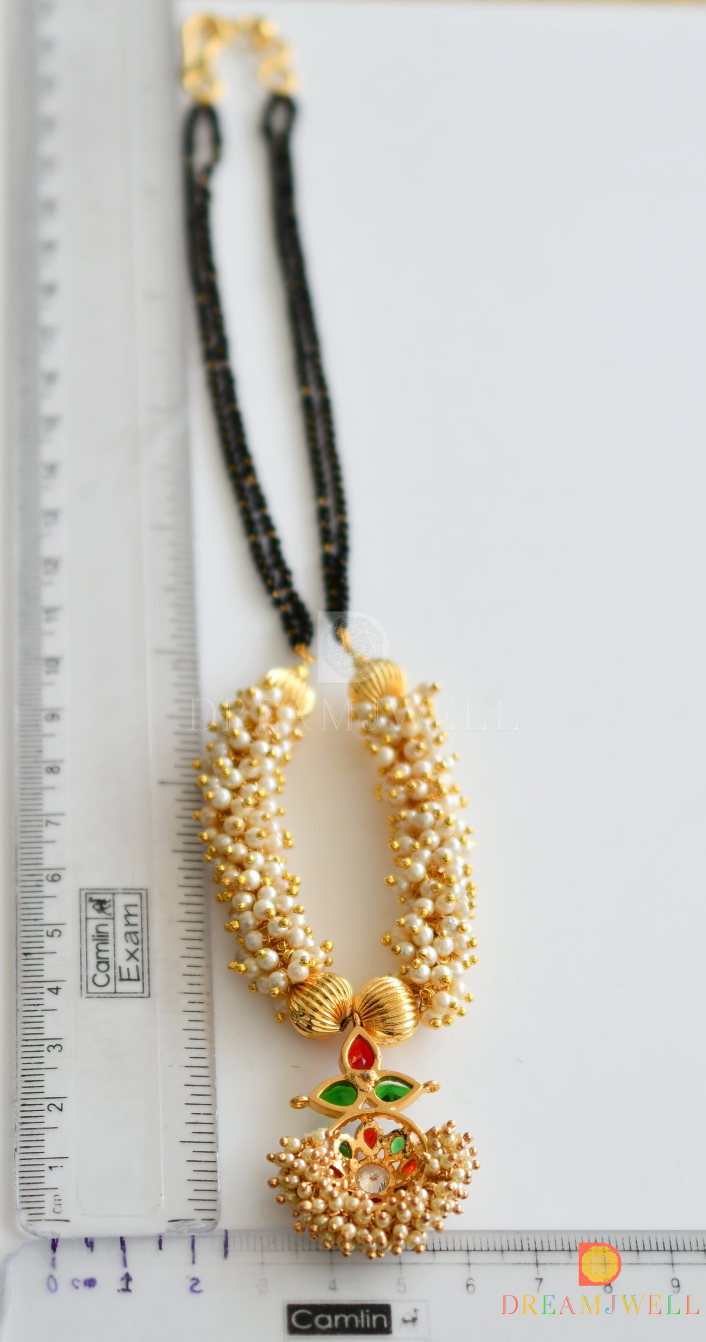 Gold tone pearl cluster red-green mangalsutra dj-11151