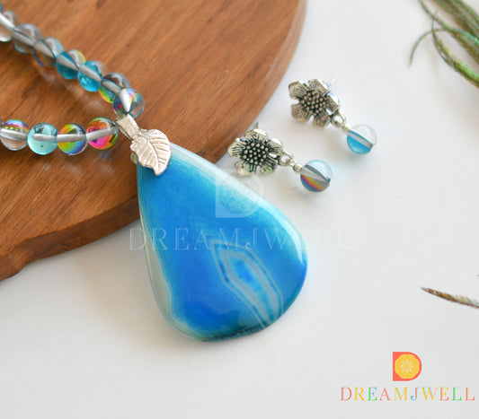 Silver tone blue mystic stone beads necklace set with sliced agate pendant dj-36375