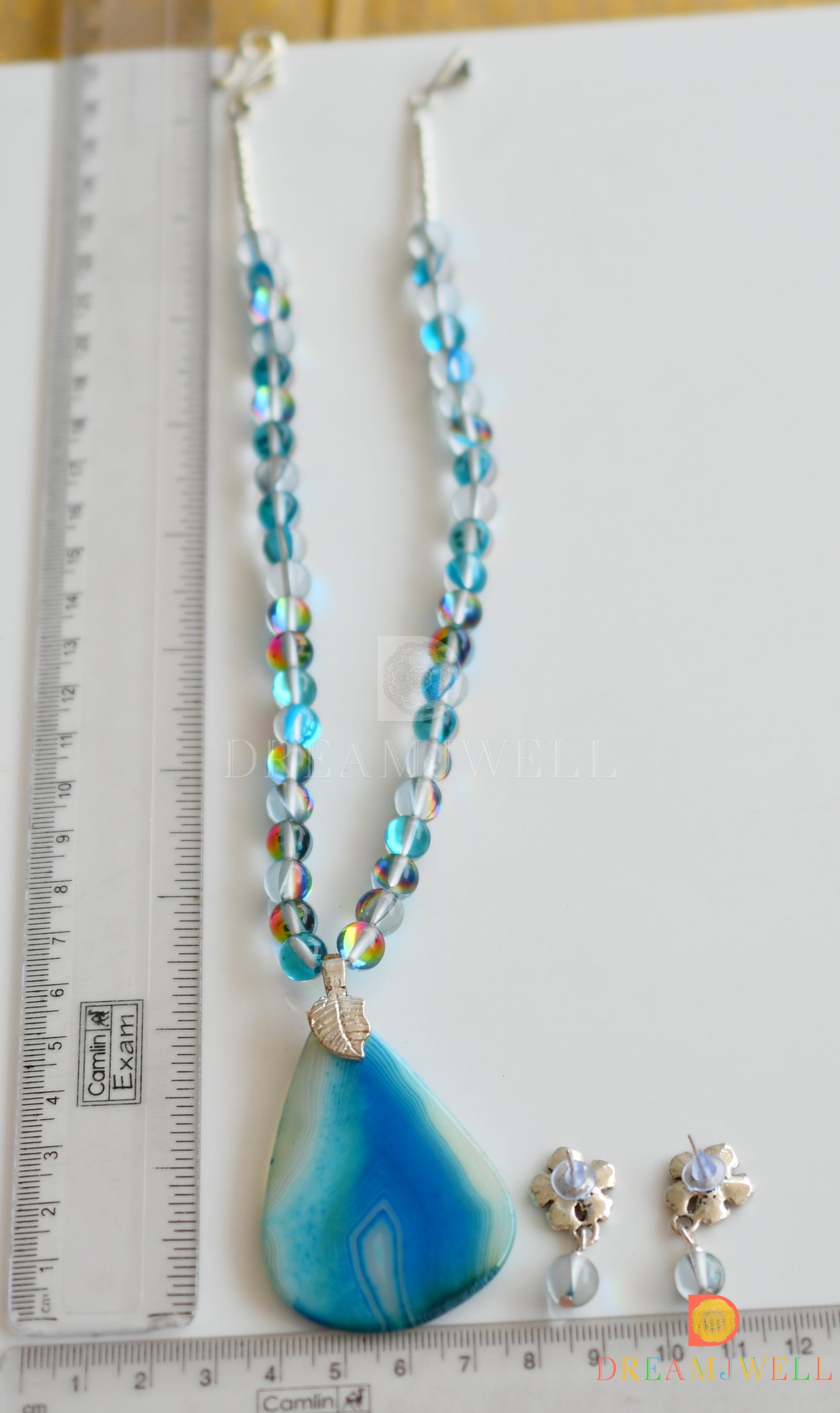 Silver tone blue mystic stone beads necklace set with sliced agate pendant dj-36375