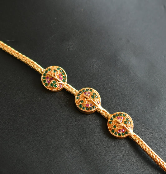 Gold tone ruby-green round mugappu chain dj-40141