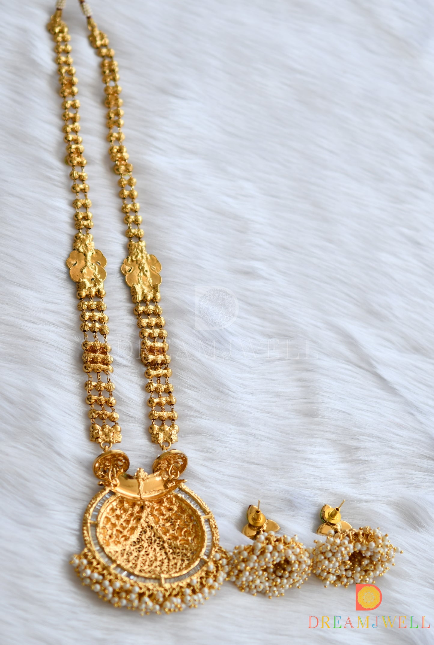 Antique gold tone pearl cluster kundan long haar set dj-01481