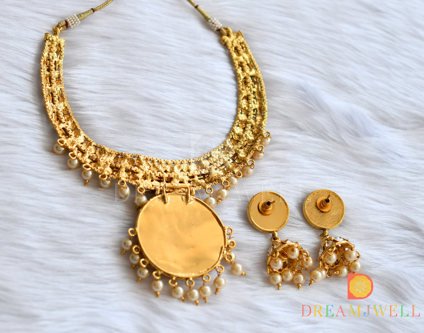 Antique gold tone polki pink pearl necklace set dj-01478