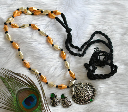 Oxidised Kolhapuri silver-gold green Ganesha pendant long chain set dj-15135