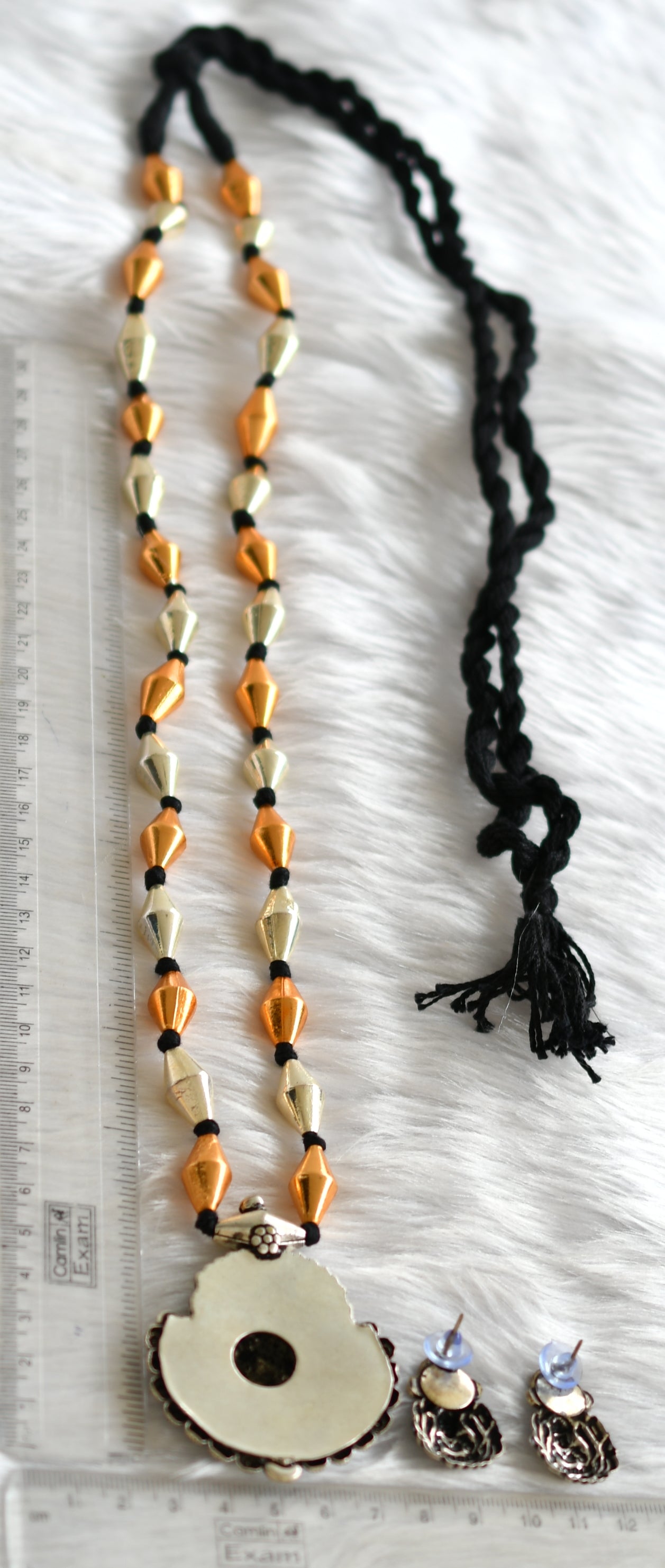 Oxidised Kolhapuri silver-gold green Ganesha pendant long chain set dj-15135