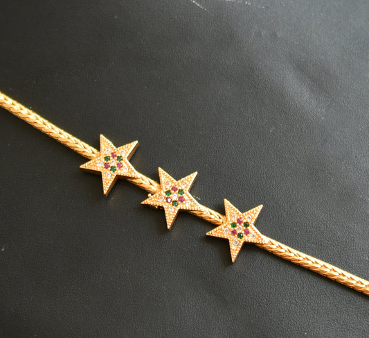 Gold tone ruby-green-white star Mugappu chain dj-40147