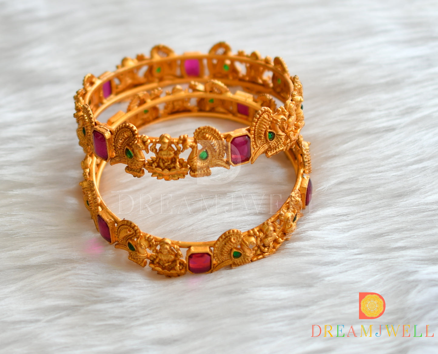Matte finish square kemp-green stone Lakshmi-Peacock set of 2 Bangles (2.8) dj-37914