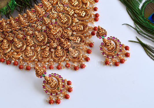 Matte finish kemp-green coral beads Lakshmi choker necklace set dj-35667