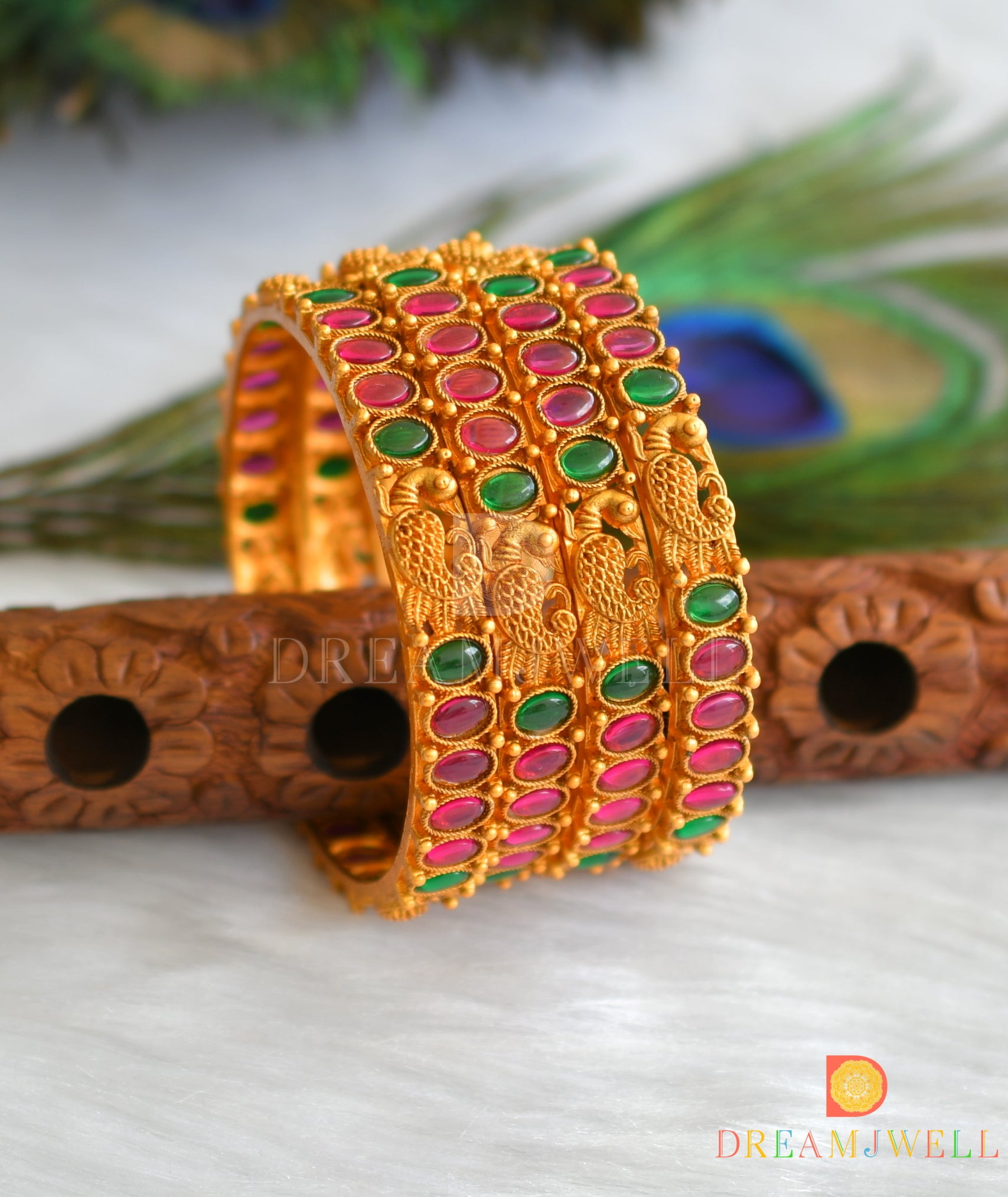 Matte Gold Pink and Green Kemp stone South Indian Bangles | Premium Quality  matte bangles set | Pink matte bangles | Traditional Bangles