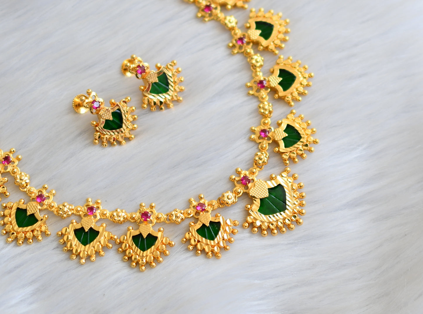 Gold tone pink stone green palakka Kerala style necklace set dj-41164