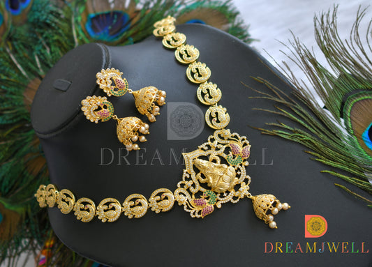 Gold tone cz-ruby-emerald Lakshmi bridal necklace set dj-05086