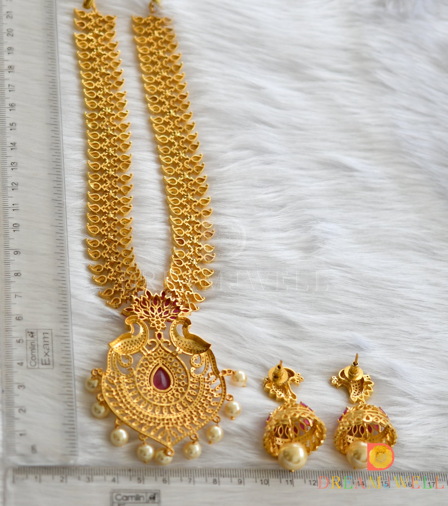 Gold tone cz-ruby peacock necklace set dj-07669
