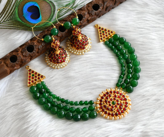 Gold tone green agate round pendant necklace with hoop Jhumkka dj-19350