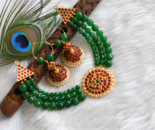 Gold tone green agate round pendant necklace with hoop Jhumkka dj-19350