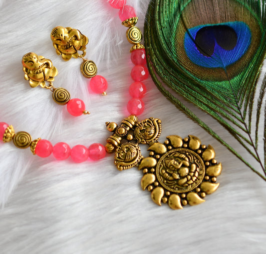 Antique gold tone Bright pink Ganesha necklace set dj-27926