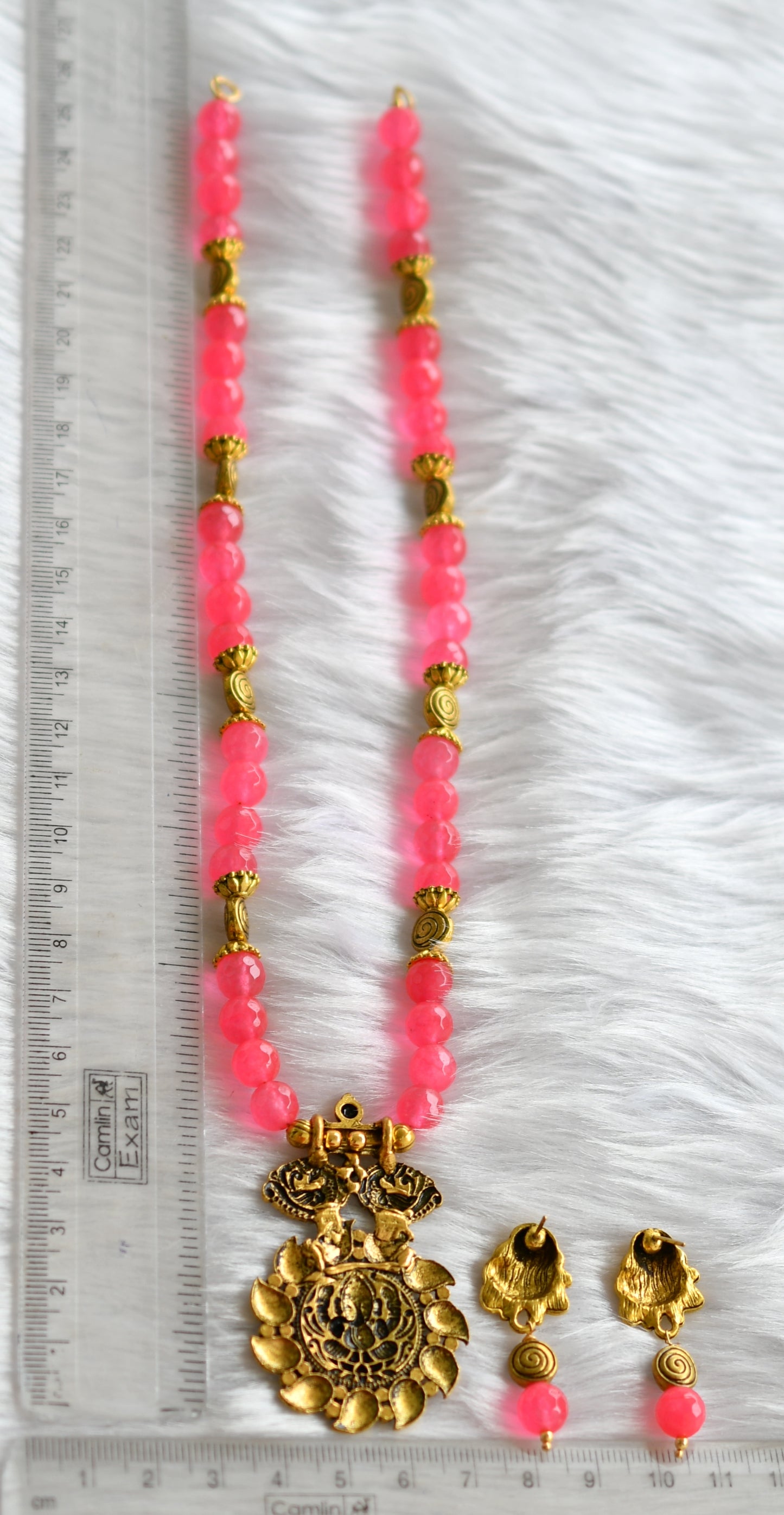 Antique gold tone Bright pink Ganesha necklace set dj-27926