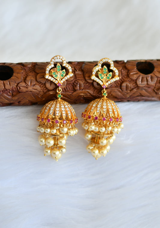 Gold tone cz-ruby-emerald pearl step jhumkka dj-02424