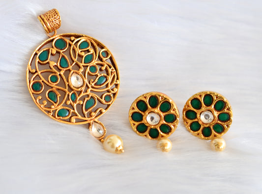 Gheru finish kundan jadau green round pendant set dj-20885