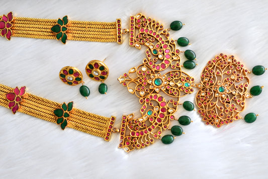 Gheru finish ruby-emerald real uncut polki stone lotus kundan jadau haar set dj-22001