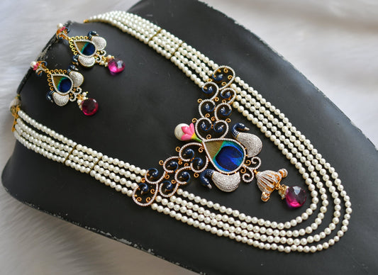 Gold tone cz-fresh water pearls Peacock multi layer feather short haar set dj-10607