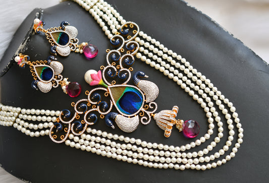 Gold tone cz-fresh water pearls Peacock multi layer feather short haar set dj-10607