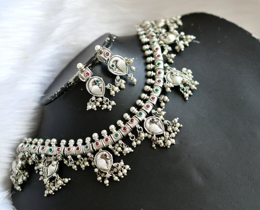 Silver tone ruby-emerald peacock gutta pusalu haar set dj-25080