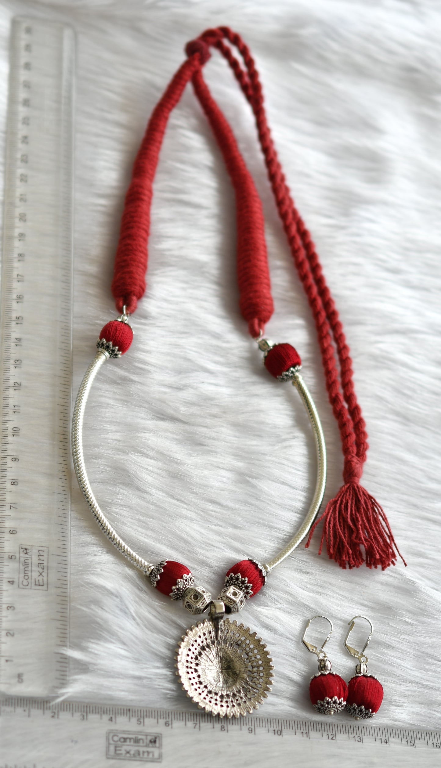 Silver tone red silk thread Ganesha necklace set dj-21254