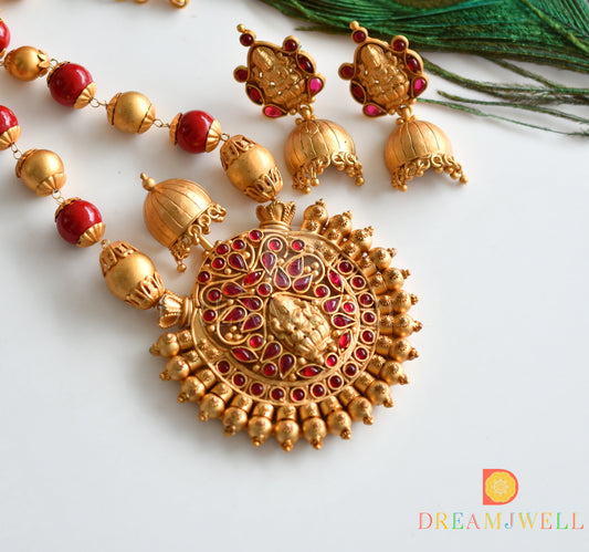 Matte finish coral color beaded Lakshmi necklace set dj-07779