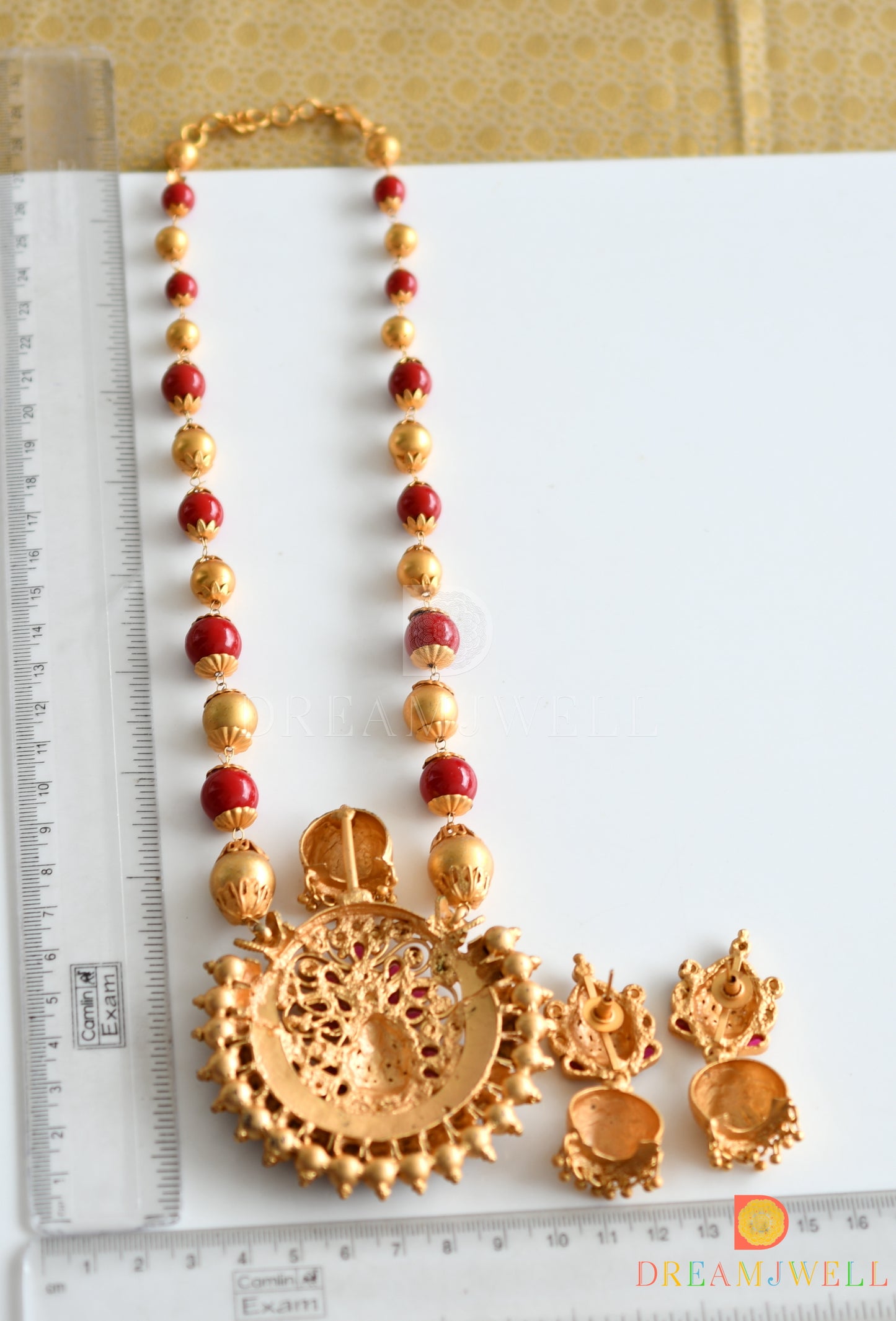Matte finish coral color beaded Lakshmi necklace set dj-07779