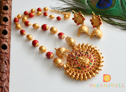Matte Finish Coral color beaded Lakshmi necklace set dj-07780