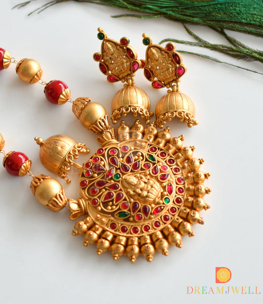 Matte Finish Coral color beaded Lakshmi necklace set dj-07780