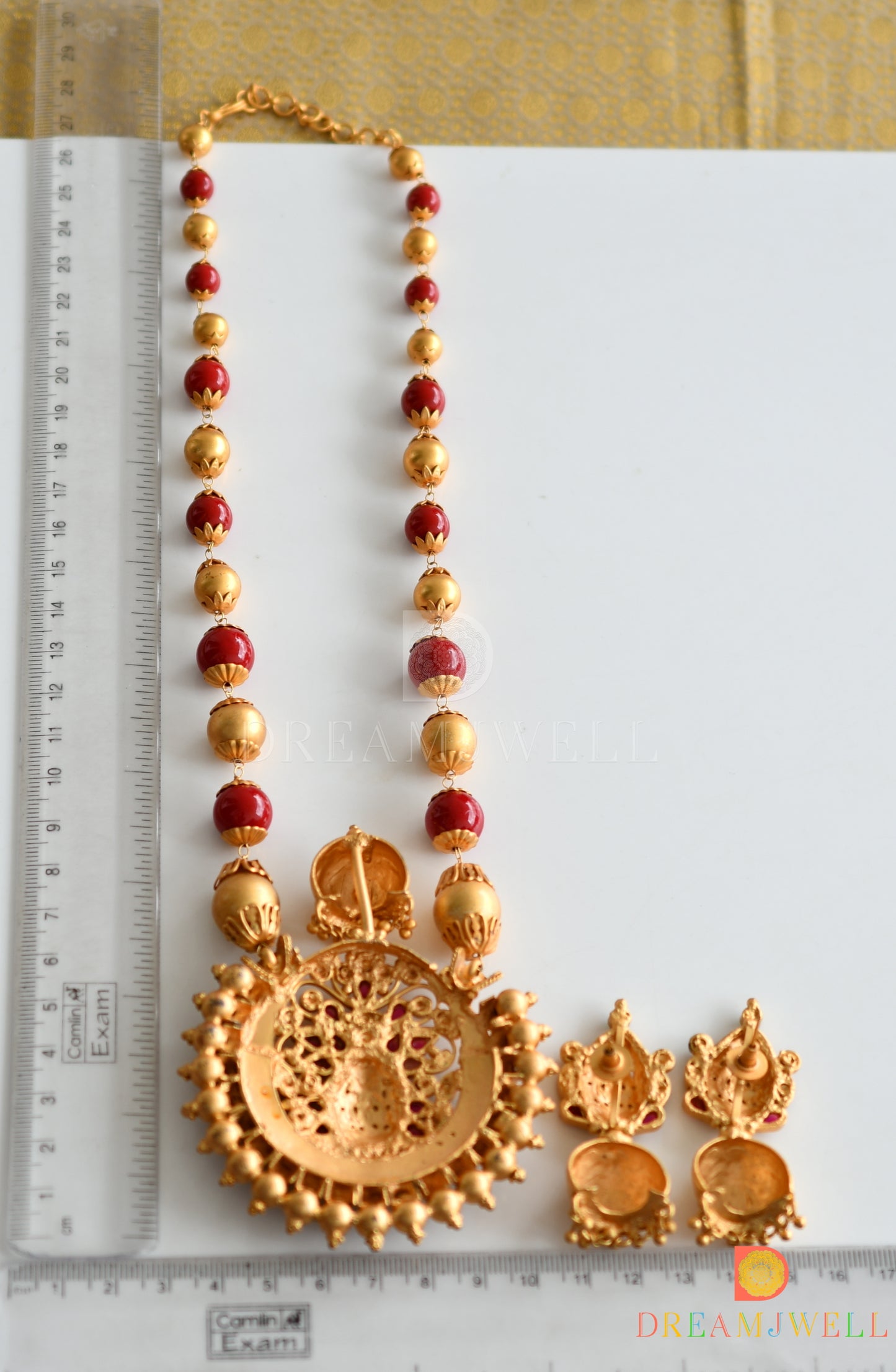 Matte Finish Coral color beaded Lakshmi necklace set dj-07780