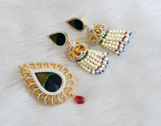 Two tone gold replica fresh water pearls peacock feather pendant set dj-05732