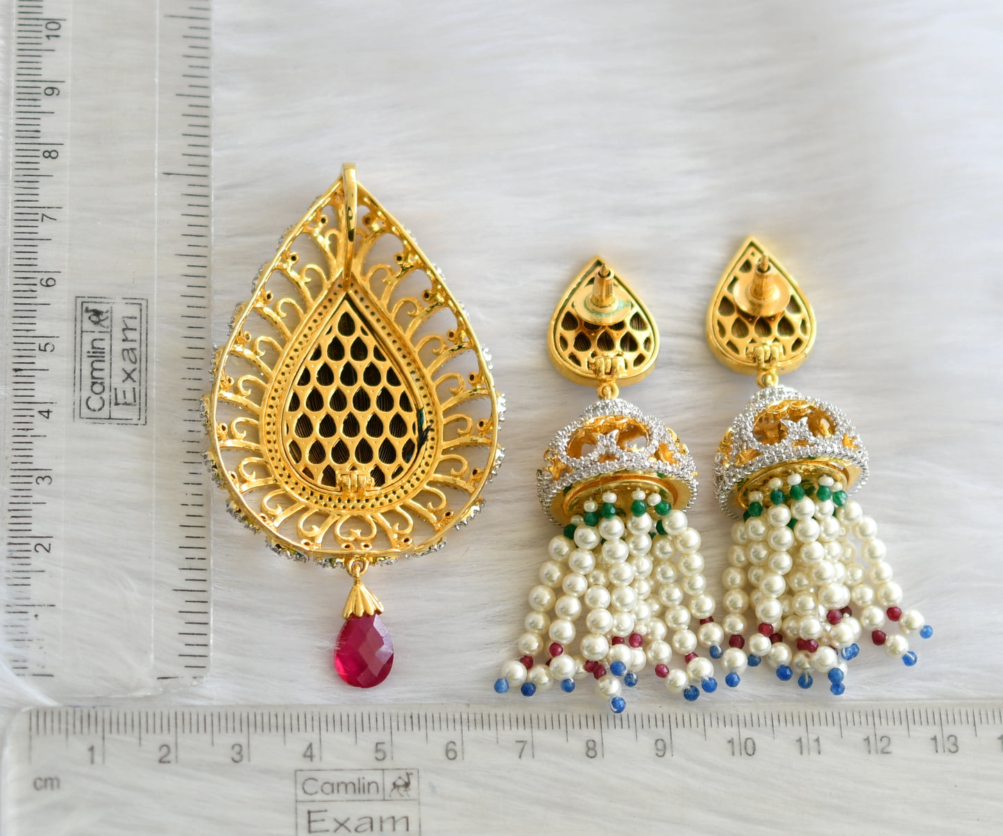 Two tone gold replica fresh water pearls peacock feather pendant set dj-05732