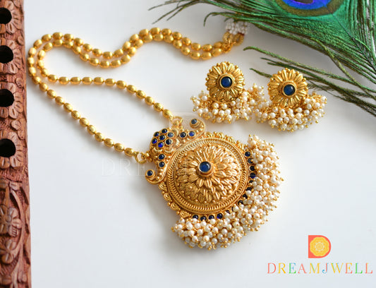 Antique gold tone Pearl Cluster Blue Long Necklace Set dj-07712